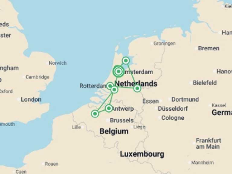 Map itinerary of Europe Tour in April 2027 with 8 destination visits for the trip: Tulips & Windmills (2027)