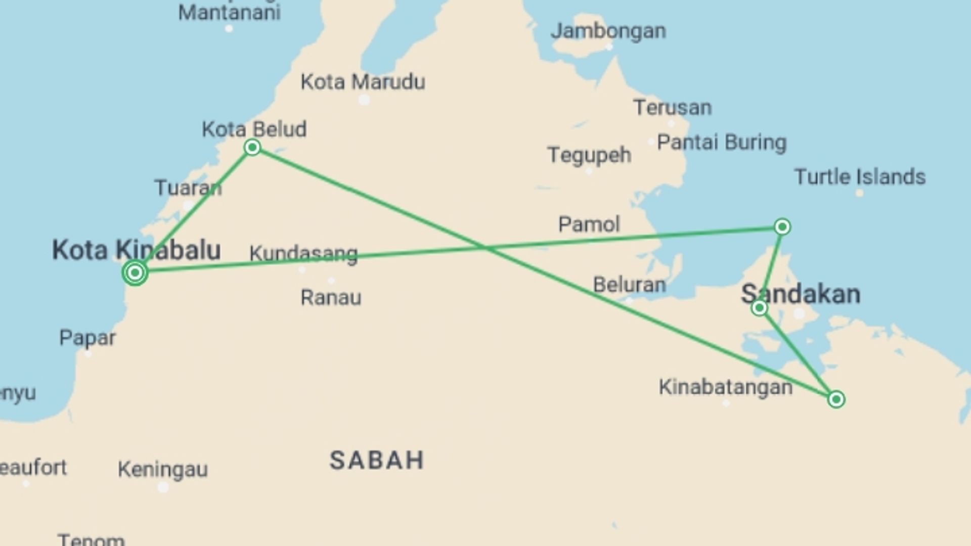 A map showing the tour itinerary for the trip: Borneo – East Sabah Adventure, starting in Kota Kinabalu, Malaysia and ending in Kota Kinabalu, Malaysia going through 4 other destinations.