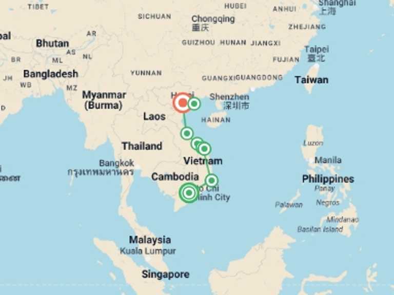 Map itinerary of Hanoi Tour in September 2026 with 8 destination visits for the trip: Vietnam: Historic Cities & Halong Bay Cruising