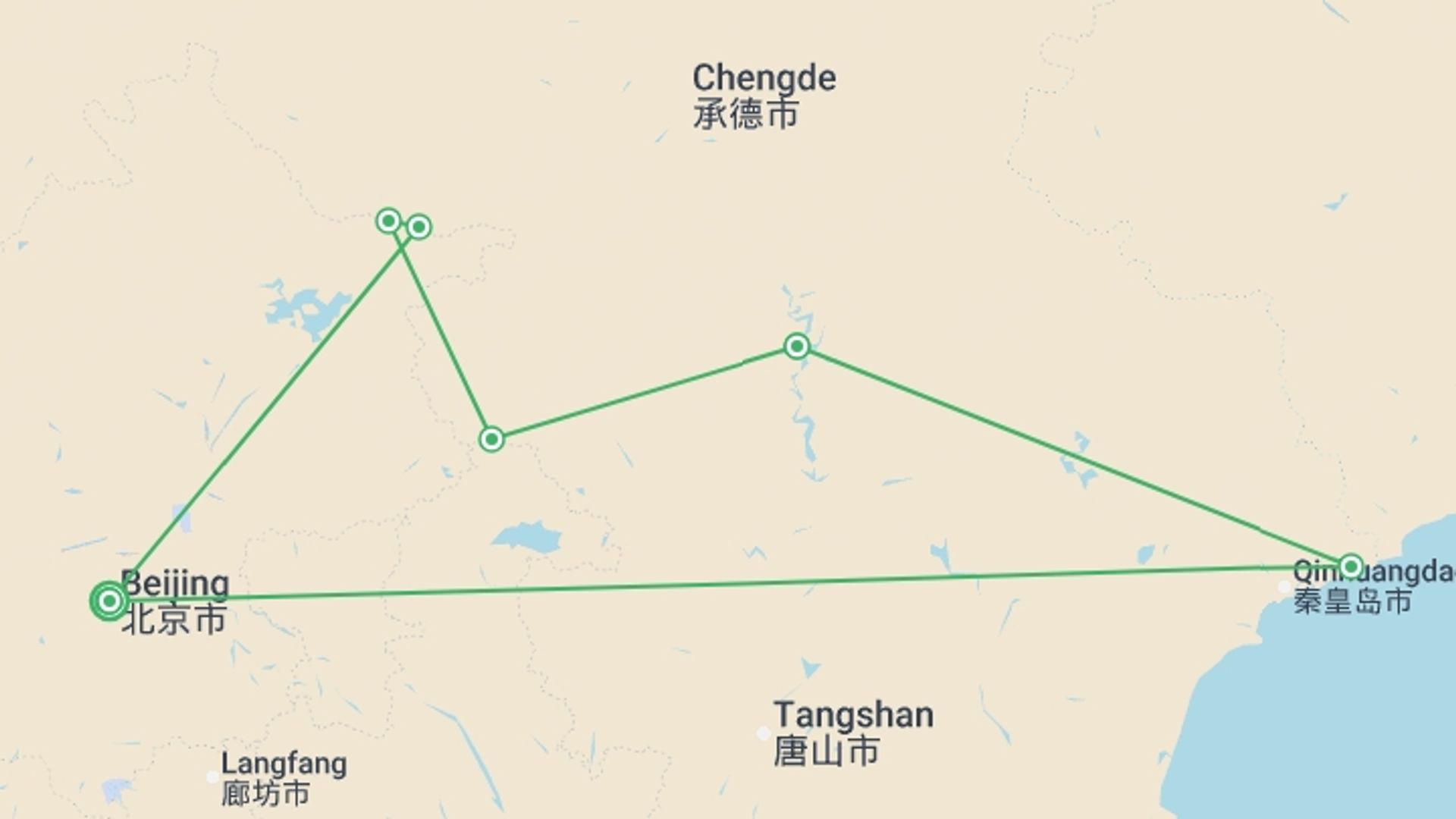 A map showing the tour itinerary for the trip: Walk the Great Wall of China, starting in Beijing, China and ending in Beijing, China going through 6 other destinations.