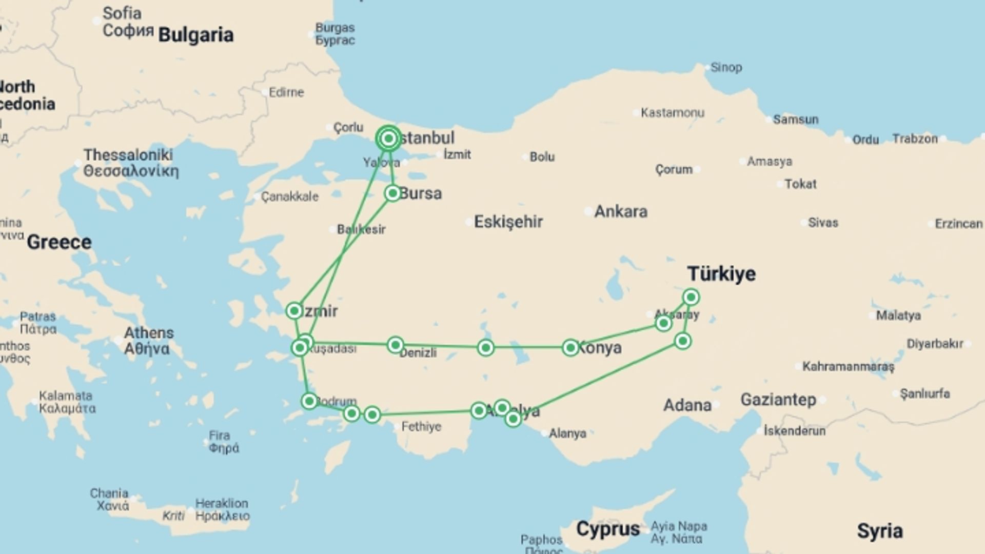 A map showing the tour itinerary for the trip: Aegean Dream, starting in Istanbul, Turkey and ending in Istanbul, Turkey going through 7 other destinations.
