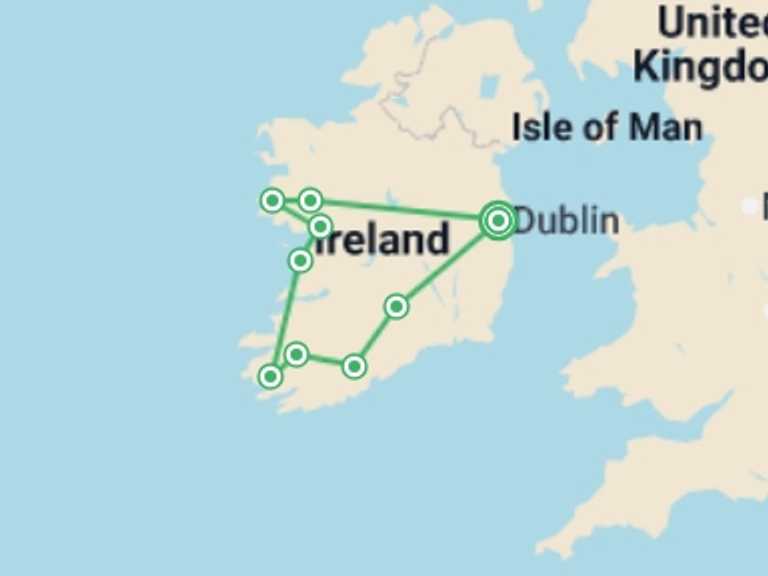 Map of Europe Tour with 6 destination visits for the trip: Irish Elegance