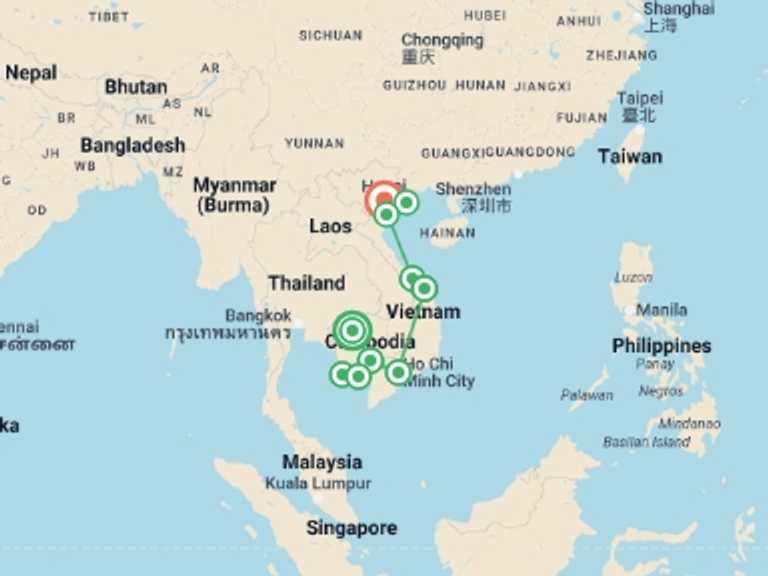 Map of Hanoi Cultural, religious and historic sites Tour with 10 destination visits for the trip: Cambodia & Vietnam Explorer