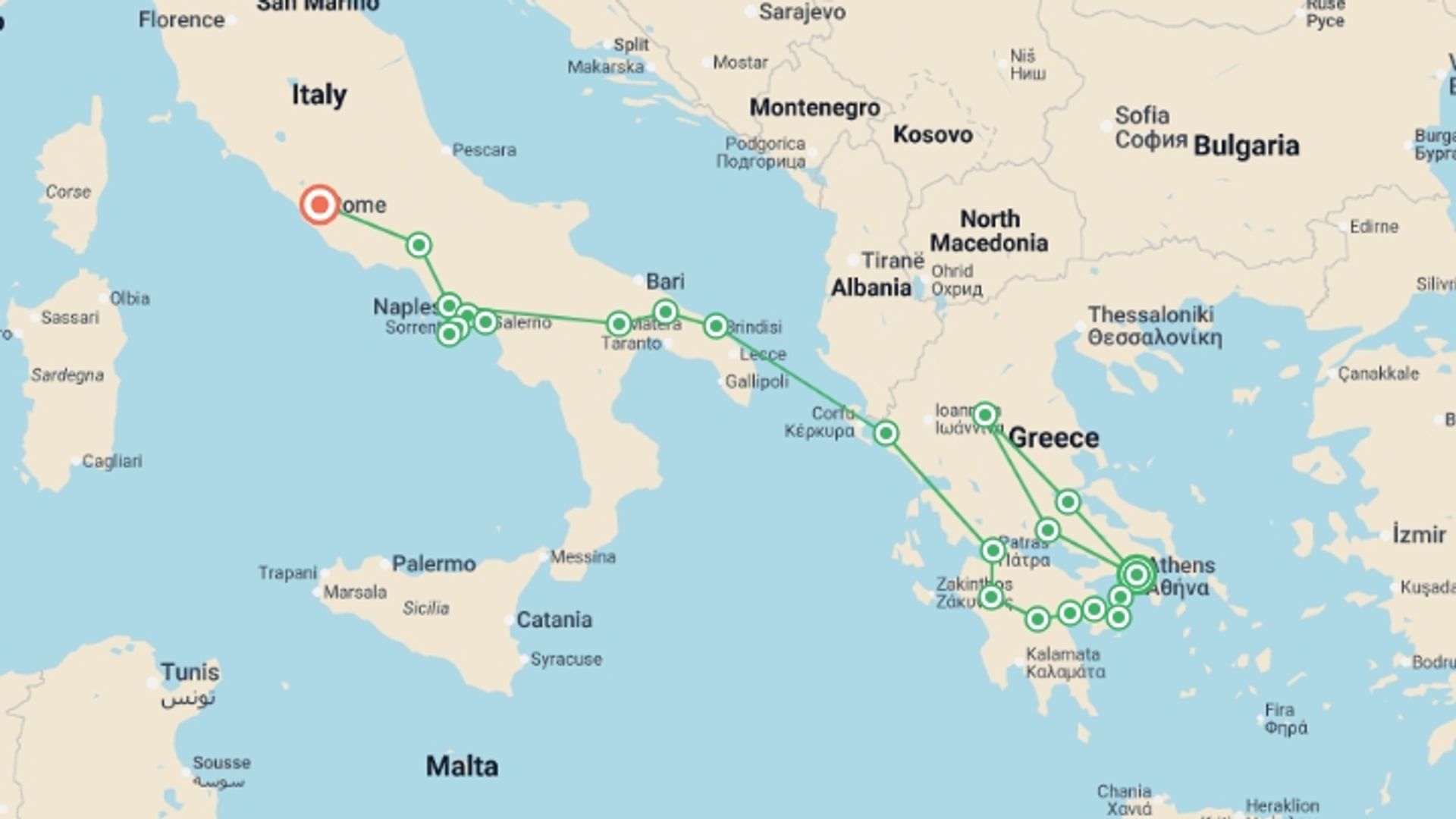 A map showing the tour itinerary for the trip: Complete Greece with Puglia and Campania, starting in Athens, Greece and ending in Rome, Italy going through 6 other destinations.