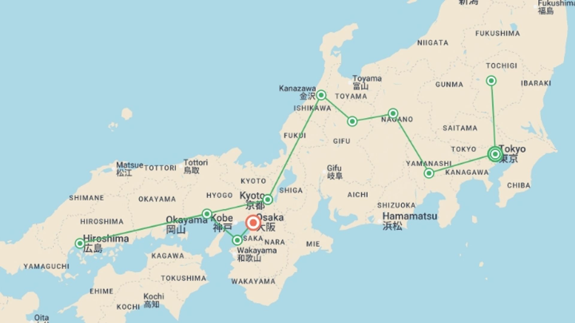 A map showing the tour itinerary for the trip: Japan Cherry Blossom Discovery Tour, starting in Tokyo, Japan and ending in Osaka, Japan going through 7 other destinations.