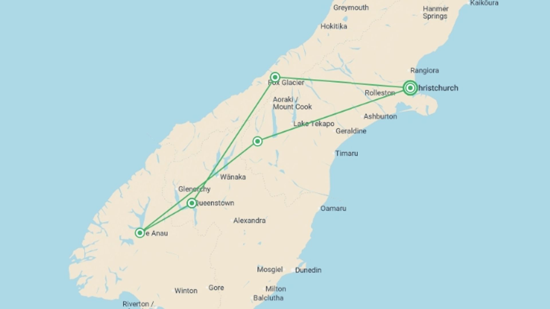 A map showing the tour itinerary for the trip: New Zealand: Sweet As South, starting in Christchurch, New Zealand and ending in Christchurch, New Zealand going through 5 other destinations.