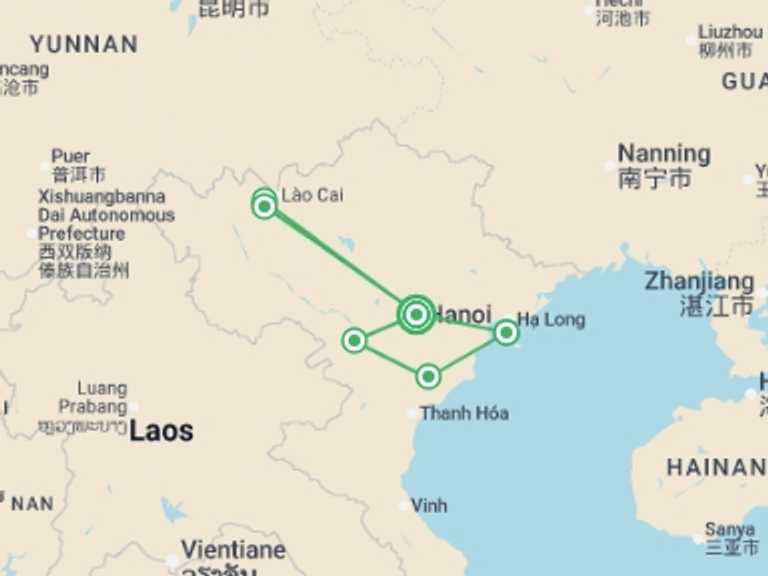 Map of Indochina Trekking and Hiking Tour with 6 destination visits for the trip: Vietnam: Hike, Bike & Kayak