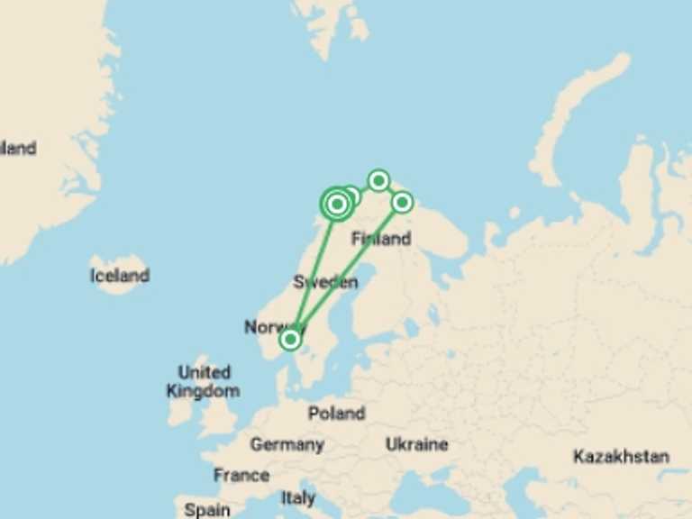 Map of Scandinavia Tour with 5 destination visits for the trip: Norway Fjords and Northern Lights