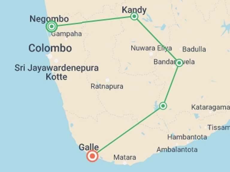 Map of a Countryside and village visits Tour with 5 destination visits for the trip: Sri Lanka Express