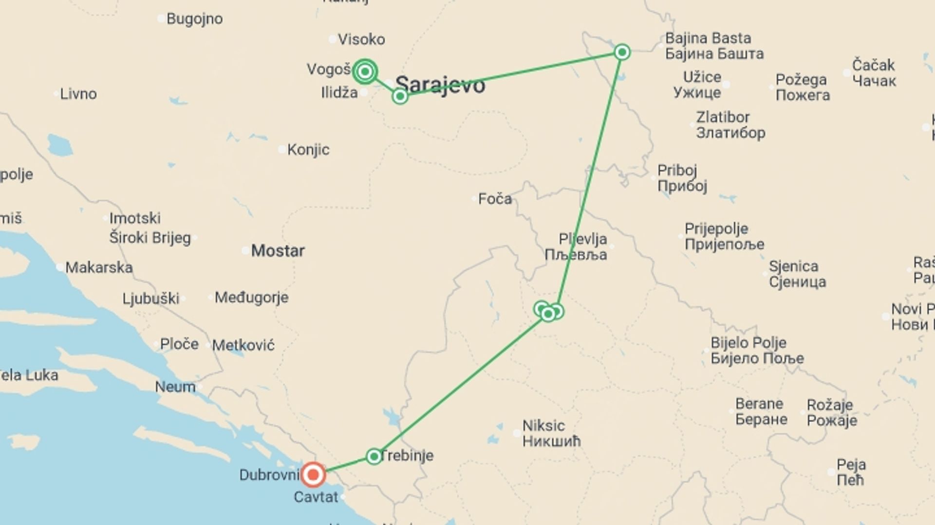 A map showing the tour itinerary for the trip: Walking the Balkans- Bosnia, Serbia & Montenegro, starting in Sarajevo, Bosnia Herzegovina and ending in Dubrovnik, Croatia going through 6 other destinations.