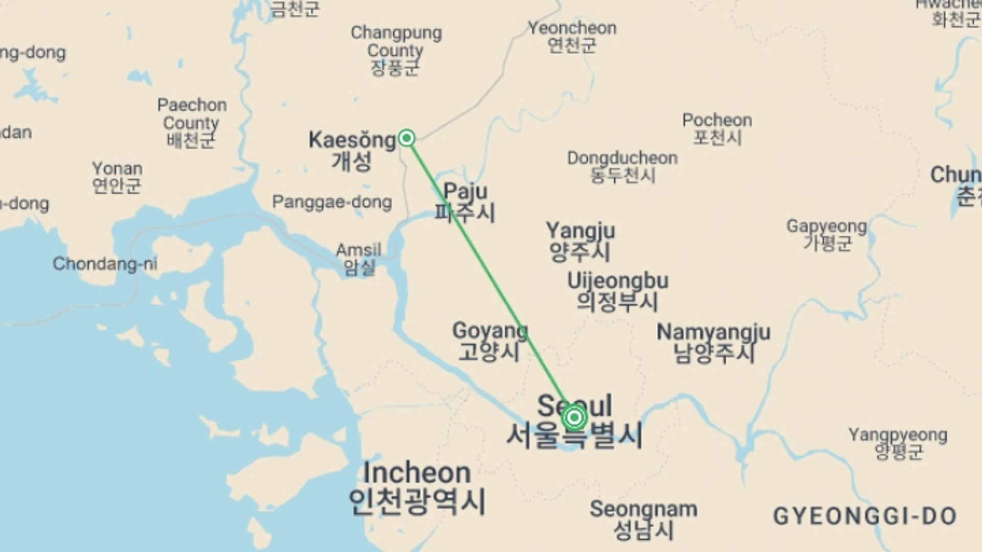 A map showing the tour itinerary for the trip: South Korea Premium Historic Islands & Dmz Tour, starting in Seoul, South Korea and ending in Seoul, South Korea going through 1 other destinations.