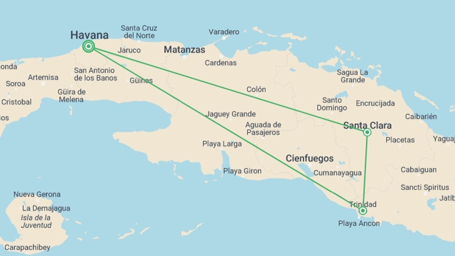 A map showing the tour itinerary for the trip: Highlights of Cuba, starting in Havana, Cuba and ending in Havana, Cuba going through 2 other destinations.