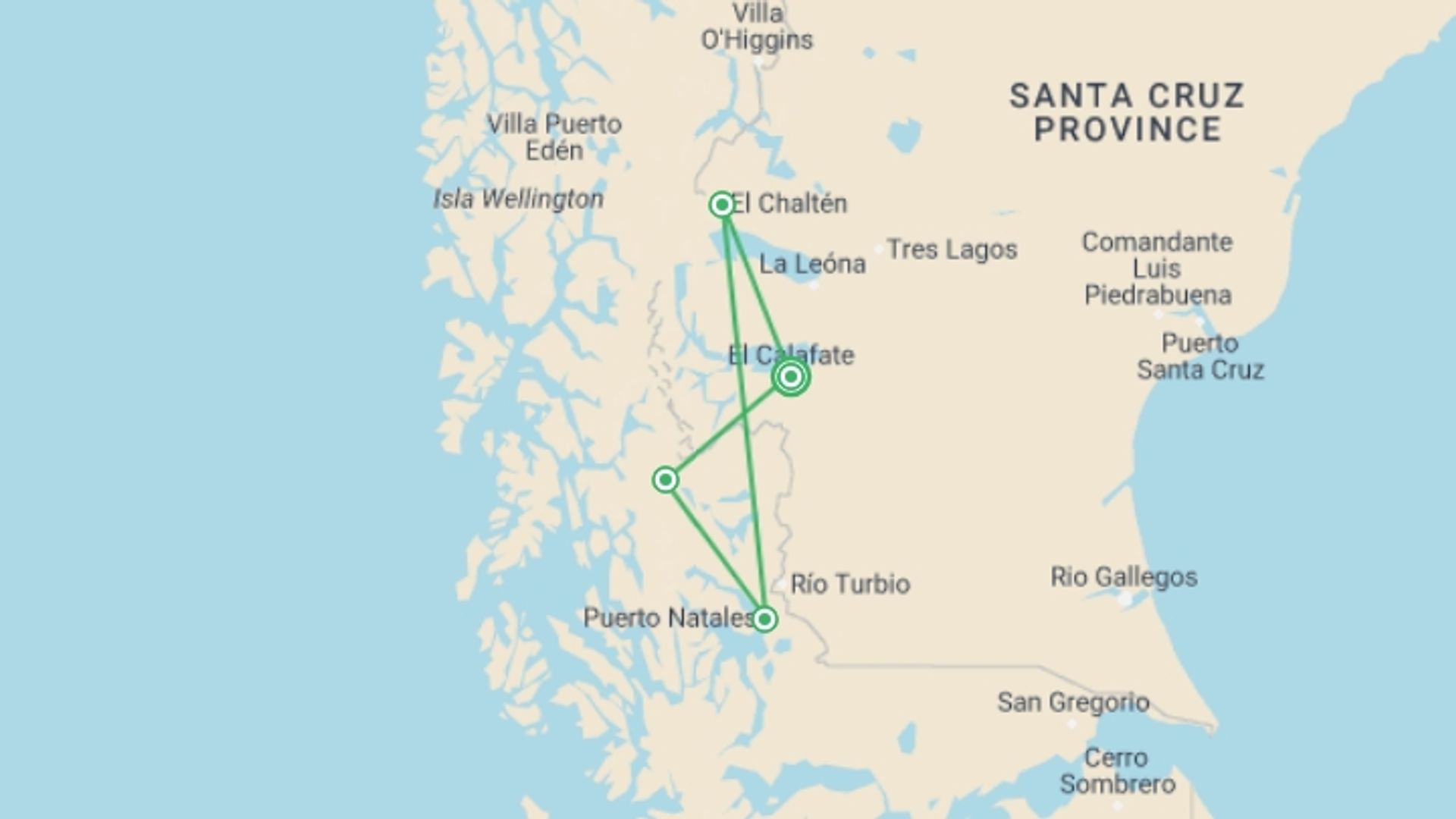 A map showing the tour itinerary for the trip: Patagonia Adventure, starting in El Calafate, Argentina and ending in El Calafate, Argentina going through 5 other destinations.