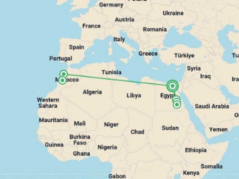 Map itinerary of Luxor Tour in June 2027 with 7 destination visits for the trip: Egypt and Morocco in 12 days