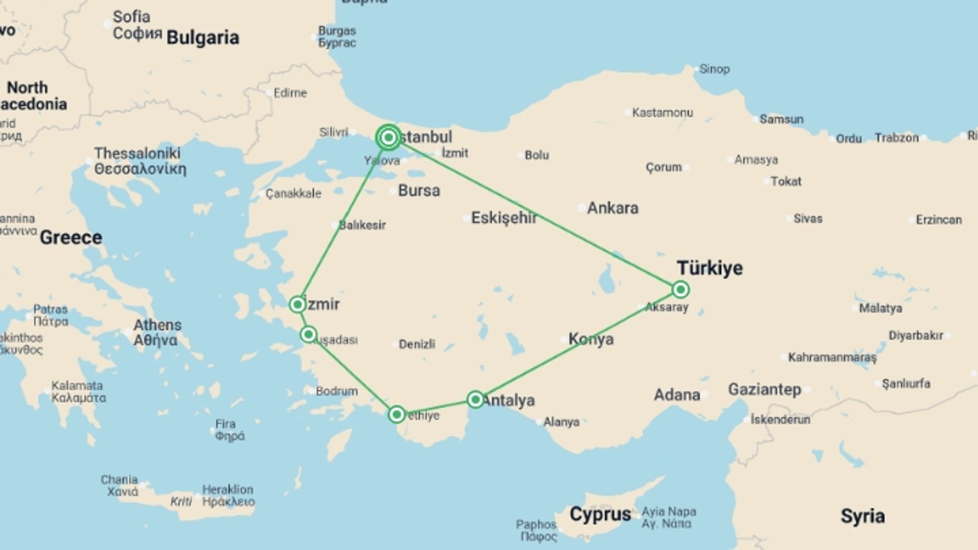 A map showing the tour itinerary for the trip: 12 Days - Highlights Of Turkey / By Plane, starting in Istanbul, Turkey and ending in Istanbul, Turkey going through 5 other destinations.