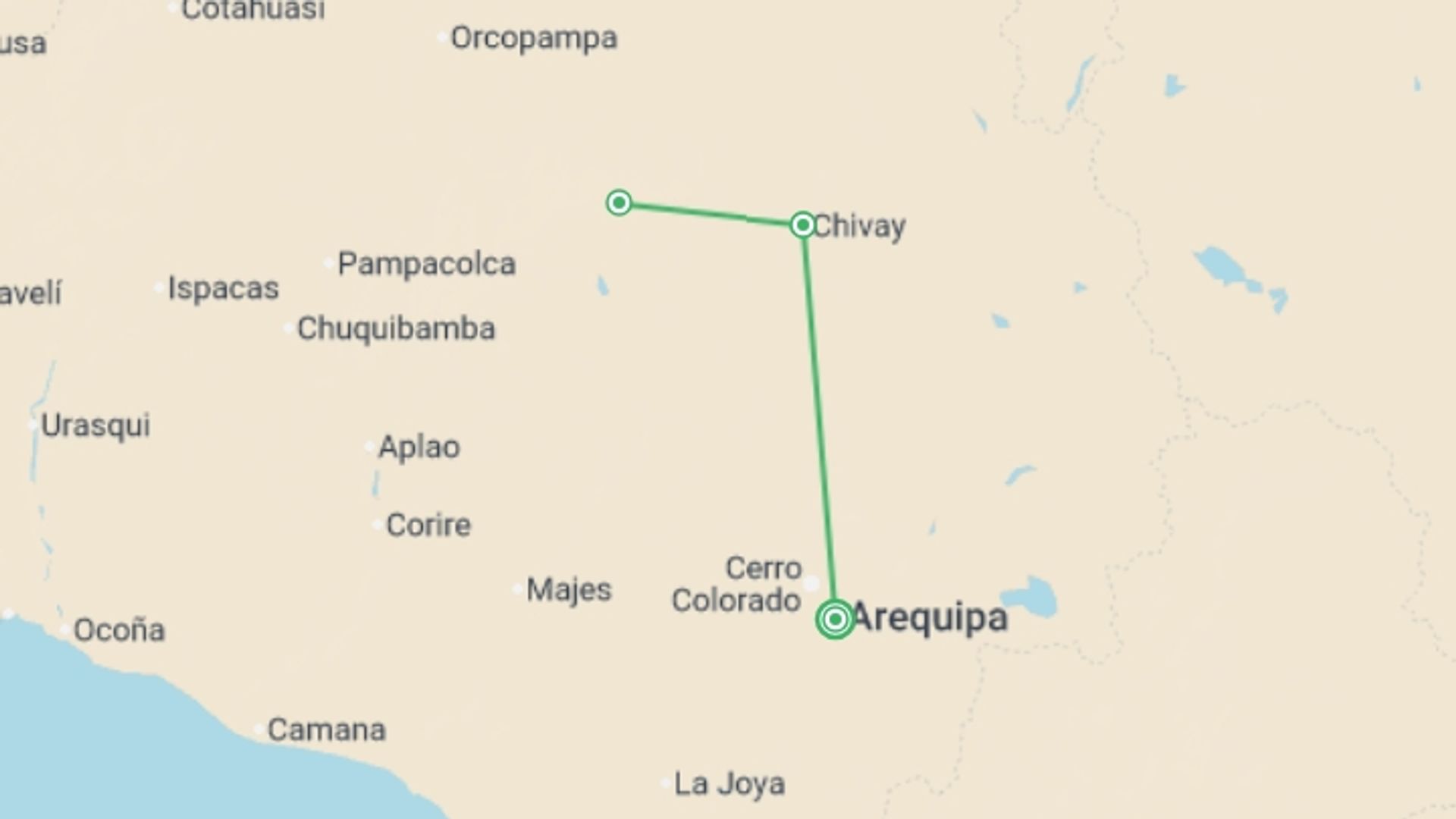 A map showing the tour itinerary for the trip: Colca Canyon Trekking 2D/1N, starting in Arequipa, Peru and ending in Arequipa, Peru going through 1 other destinations.