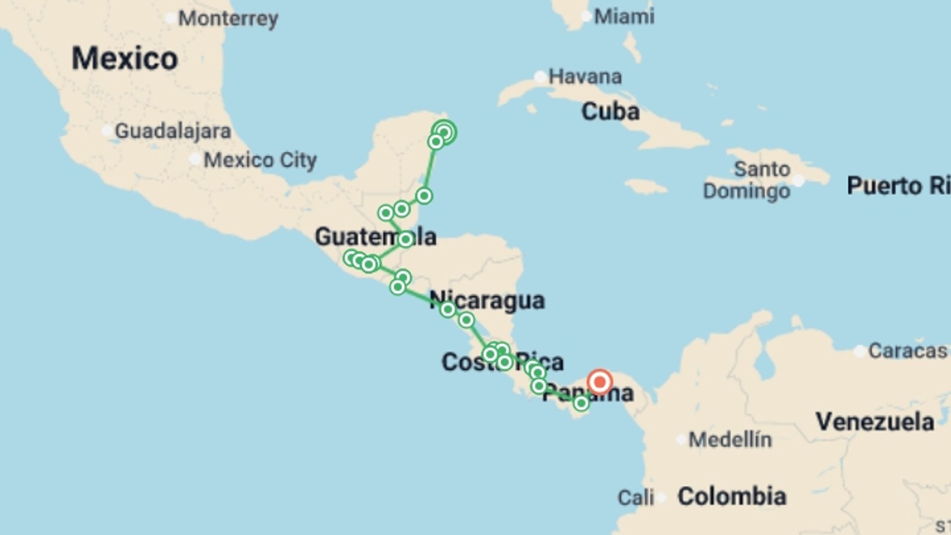 A map showing the tour itinerary for the trip: Best of Central America, starting in Playa Del Carmen, Mexico and ending in Panama City, Panama going through 21 other destinations.
