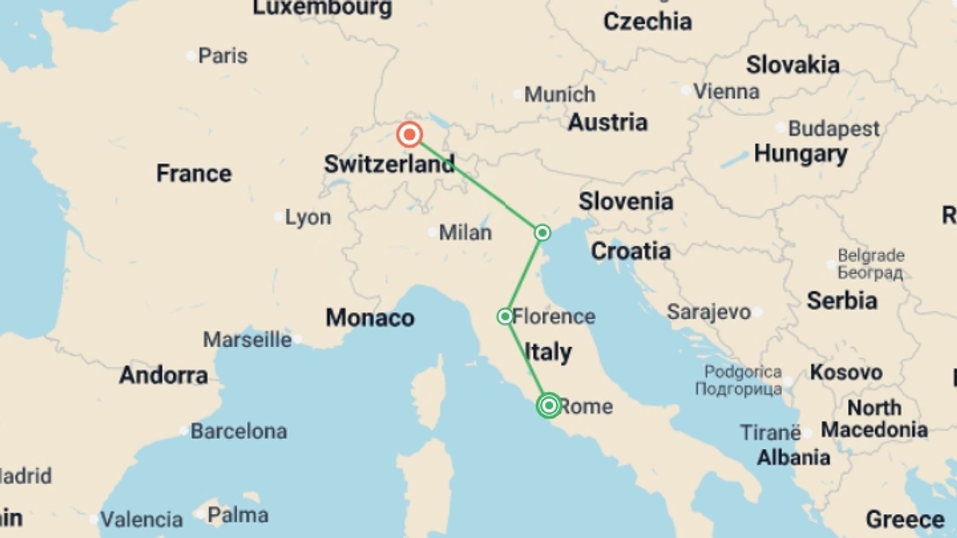 A map showing the tour itinerary for the trip: Classical Italy and Switzerland, starting in Rome, Italy and ending in Zurich, Switzerland going through 2 other destinations.