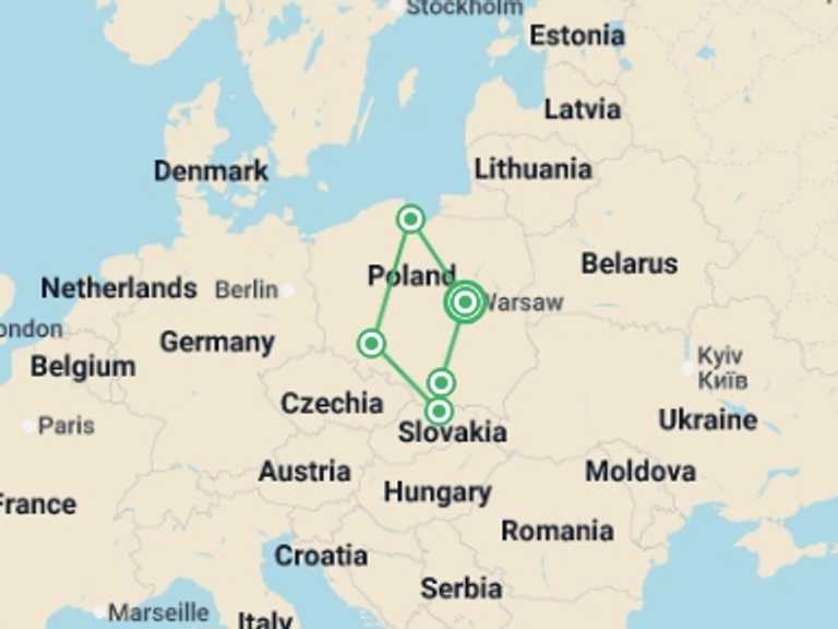 Map itinerary of Poland Tour in May 2026 with 5 destination visits for the trip: Best of Poland