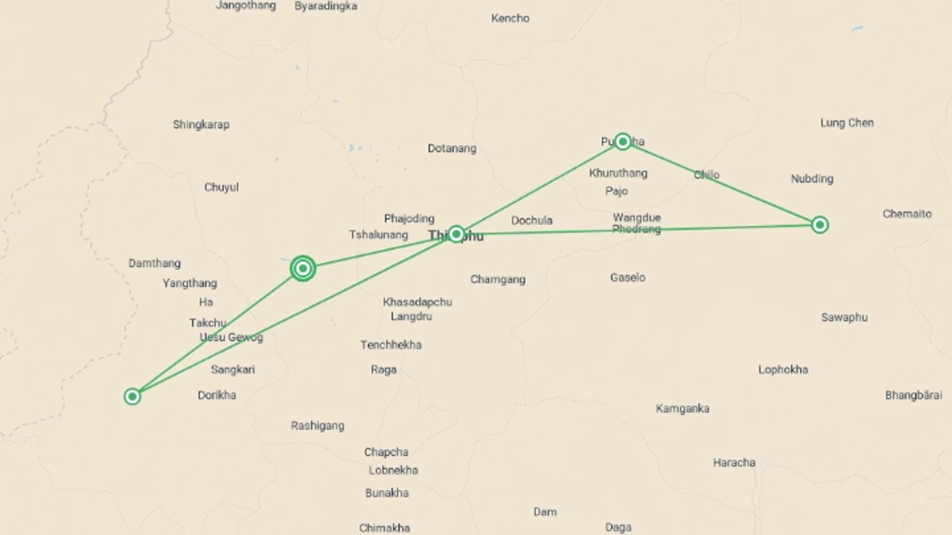A map showing the tour itinerary for the trip: Journeys: Wonders of Bhutan, starting in Paro, Bhutan and ending in Paro, Bhutan going through 5 other destinations.