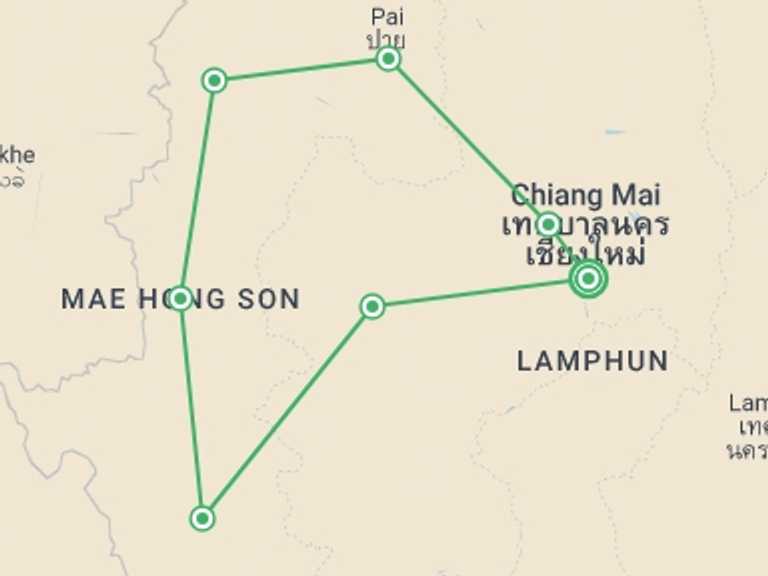 Map itinerary of Thailand Tour in December 2026 with 7 destination visits for the trip: Mae Hong Son Hills