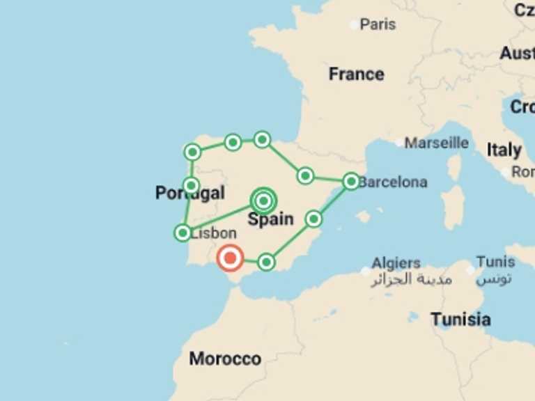 Map of Mediterranean Tour with 11 destination visits for the trip: Great Iberian Tour end Seville