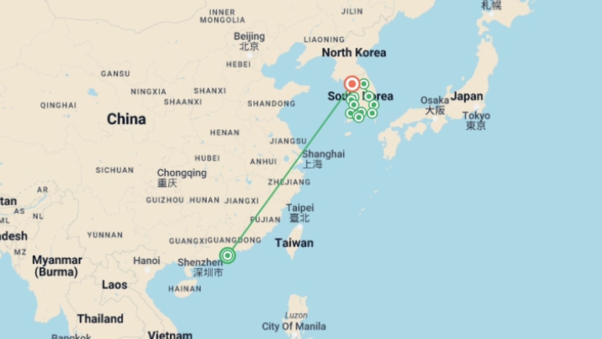 A map showing the tour itinerary for the trip: Amazing Hong Kong and Korea, starting in Hong Kong, Hong Kong and ending in Seoul, South Korea going through 4 other destinations.