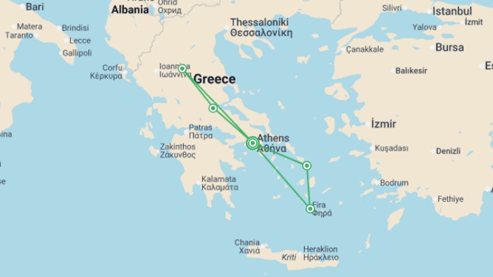 A map showing the tour itinerary for the trip: Magical Greece & Islands - 9 days, starting in Athens, Greece and ending in Athens, Greece going through 3 other destinations.