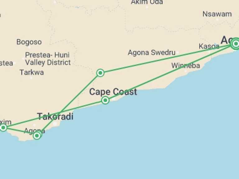 Map itinerary of Africa Tour in Fall with 4 destination visits for the trip: Trails of the Transatlantic Slave Trade