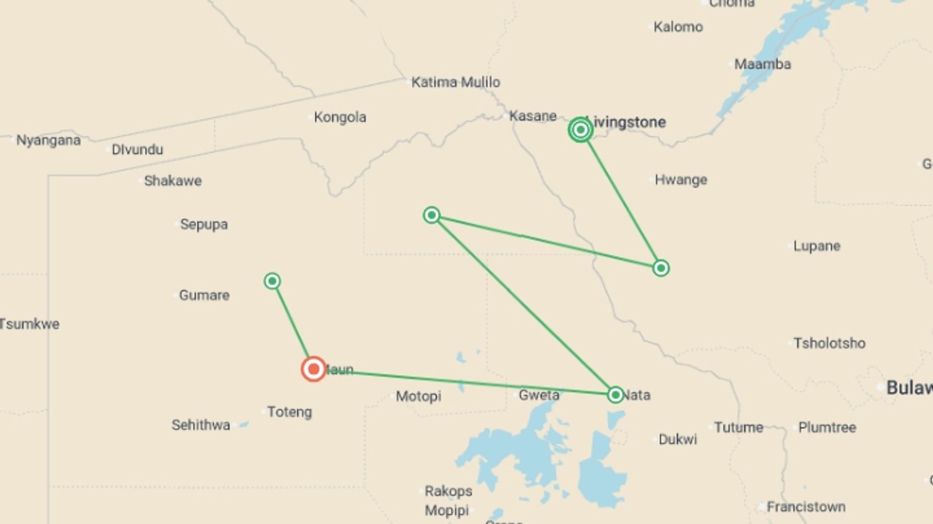 A map showing the tour itinerary for the trip: Zimbabwe & Chobe Safari: From Victoria Falls to the Okavango, starting in Victoria Falls, Zimbabwe and ending in Maun, Botswana going through 3 other destinations.