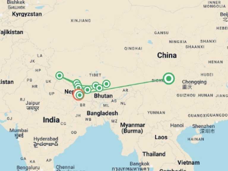 Map of a Adventure Tour with 9 destination visits for the trip: Journey to Mount Kailash