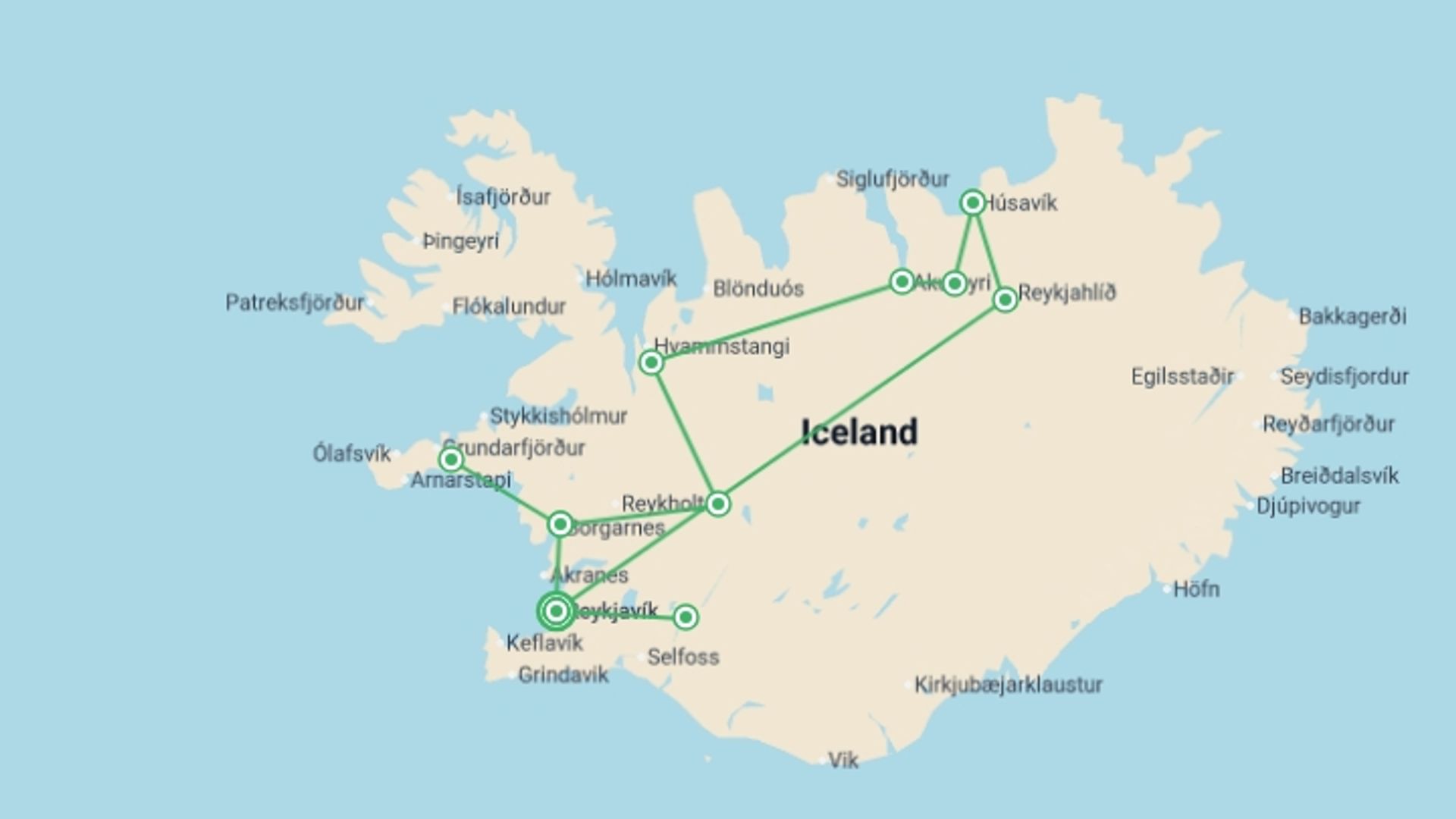A map showing the tour itinerary for the trip: Best of Iceland , starting in Reykjavik, Iceland and ending in Reykjavik, Iceland going through 3 other destinations.