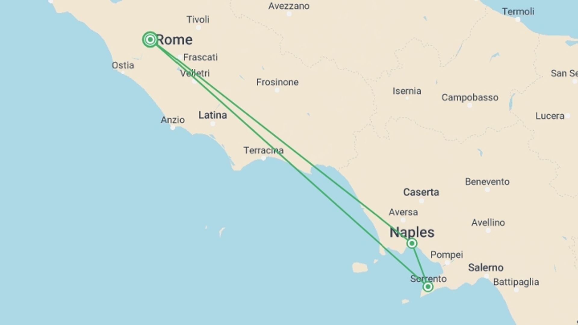 A map showing the tour itinerary for the trip: Naples Escape & Sorrento - Small-Group Tour, starting in Rome, Italy and ending in Rome, Italy going through 3 other destinations.