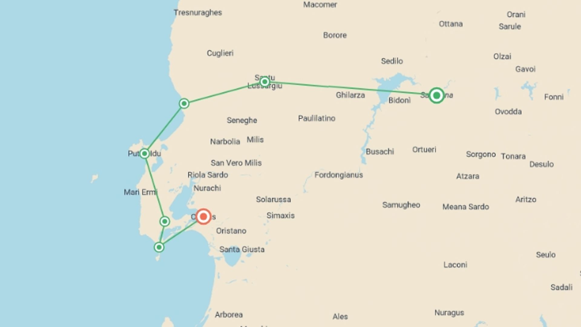 A map showing the tour itinerary for the trip: A Saunter in Sardinia, starting in Sardinia, Italy and ending in Cabras, Italy going through 5 other destinations.