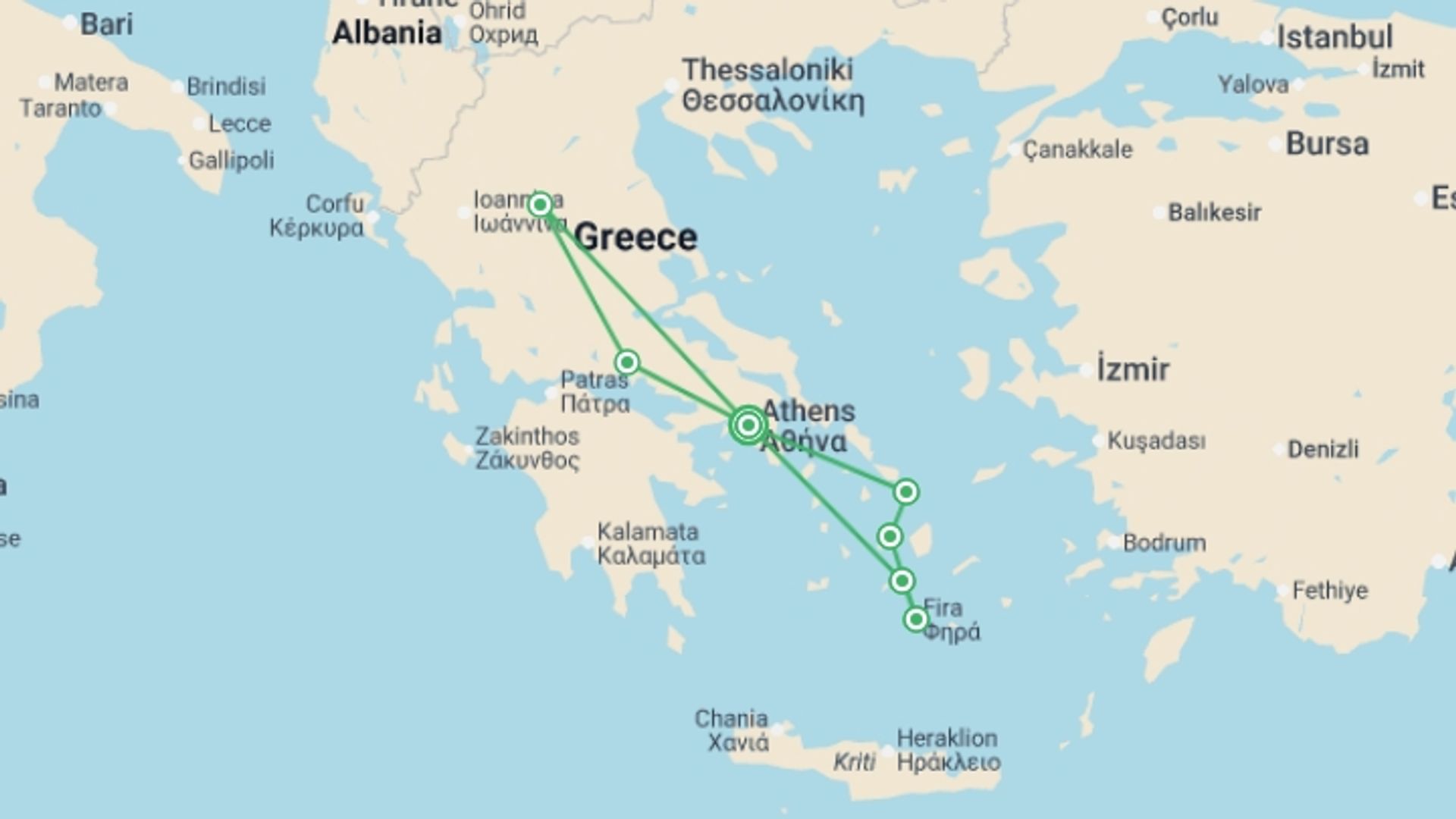 A map showing the tour itinerary for the trip: Highlights of Greece with Island Hopping, starting in Athens, Greece and ending in Athens, Greece going through 6 other destinations.