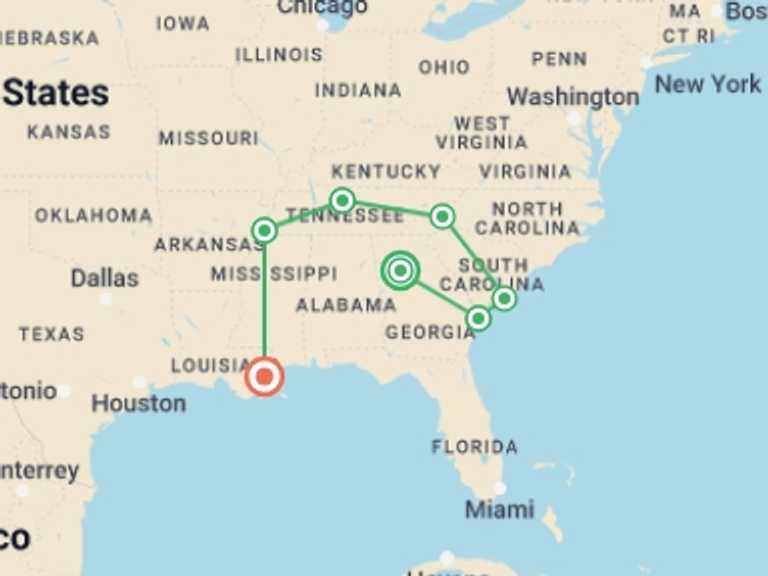 Map of a Natural landmarks sightseeing Tour with 7 destination visits for the trip: Best of the South: Atlanta to New Orleans