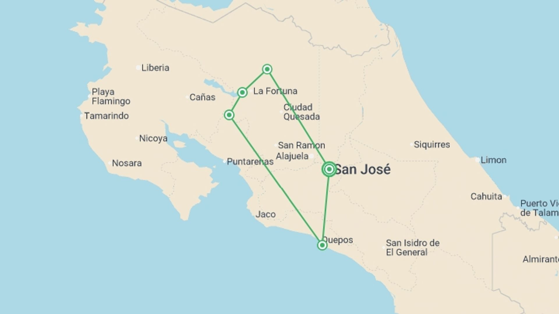 A map showing the tour itinerary for the trip: Costa Rica Family Holiday, starting in San Jose, Costa Rica and ending in San Jose, Costa Rica going through 4 other destinations.