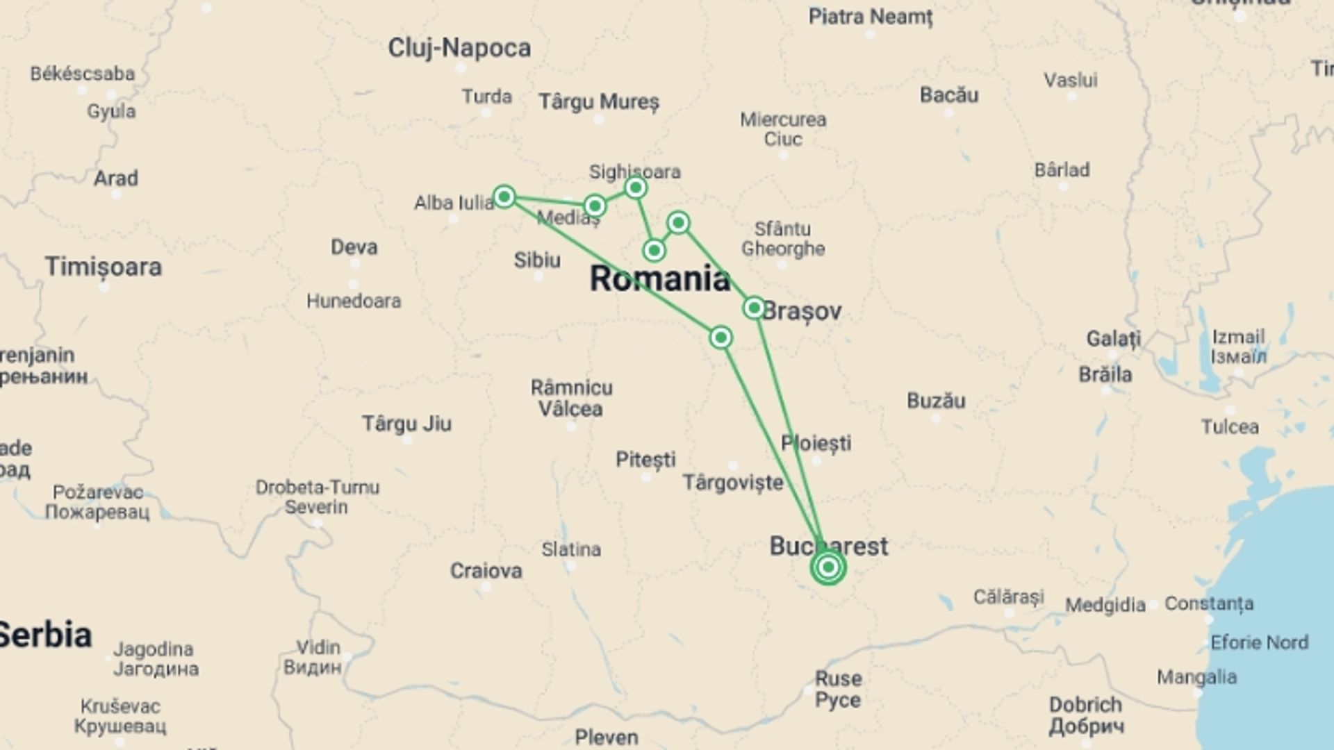 A map showing the tour itinerary for the trip: Cycle Romania, starting in Bucharest, Romania and ending in Bucharest, Romania going through 8 other destinations.