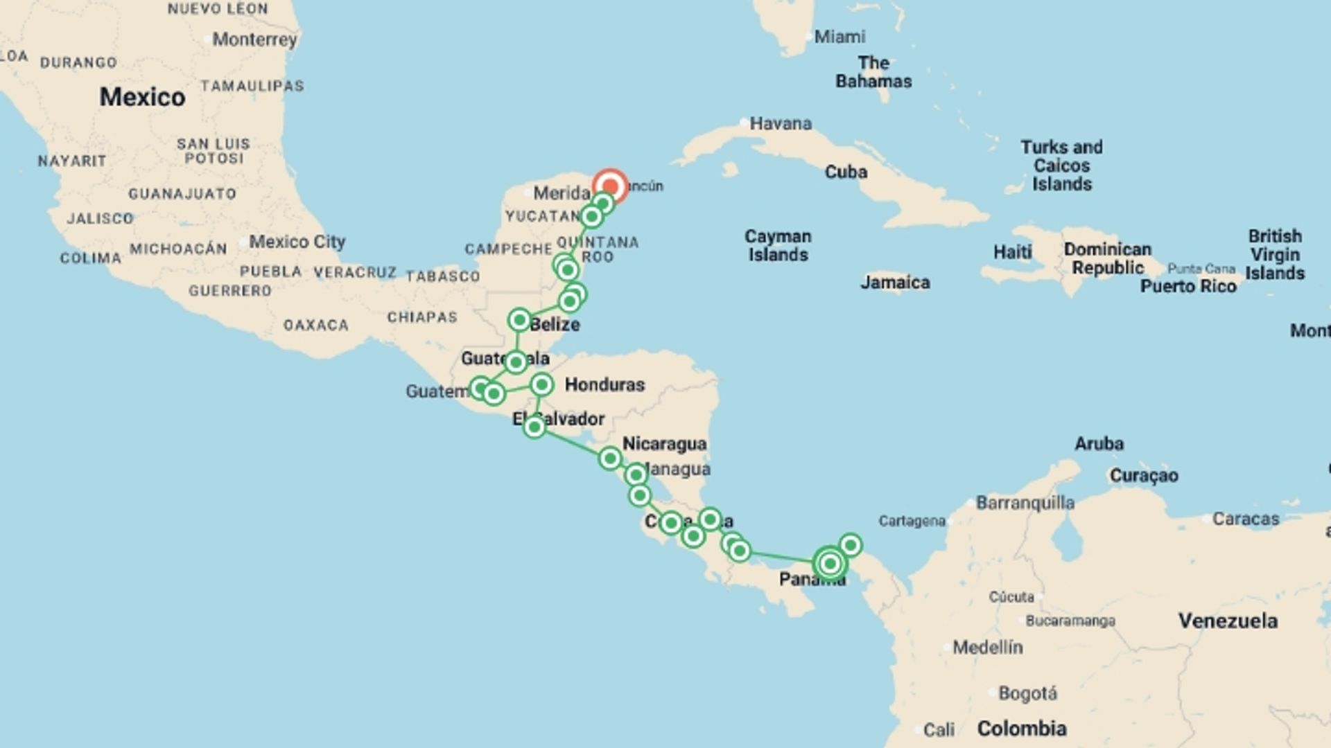 A map showing the tour itinerary for the trip: Panama City to Cancun Travel Pass, starting in Panama City, Panama and ending in Cancún, Mexico going through 22 other destinations.
