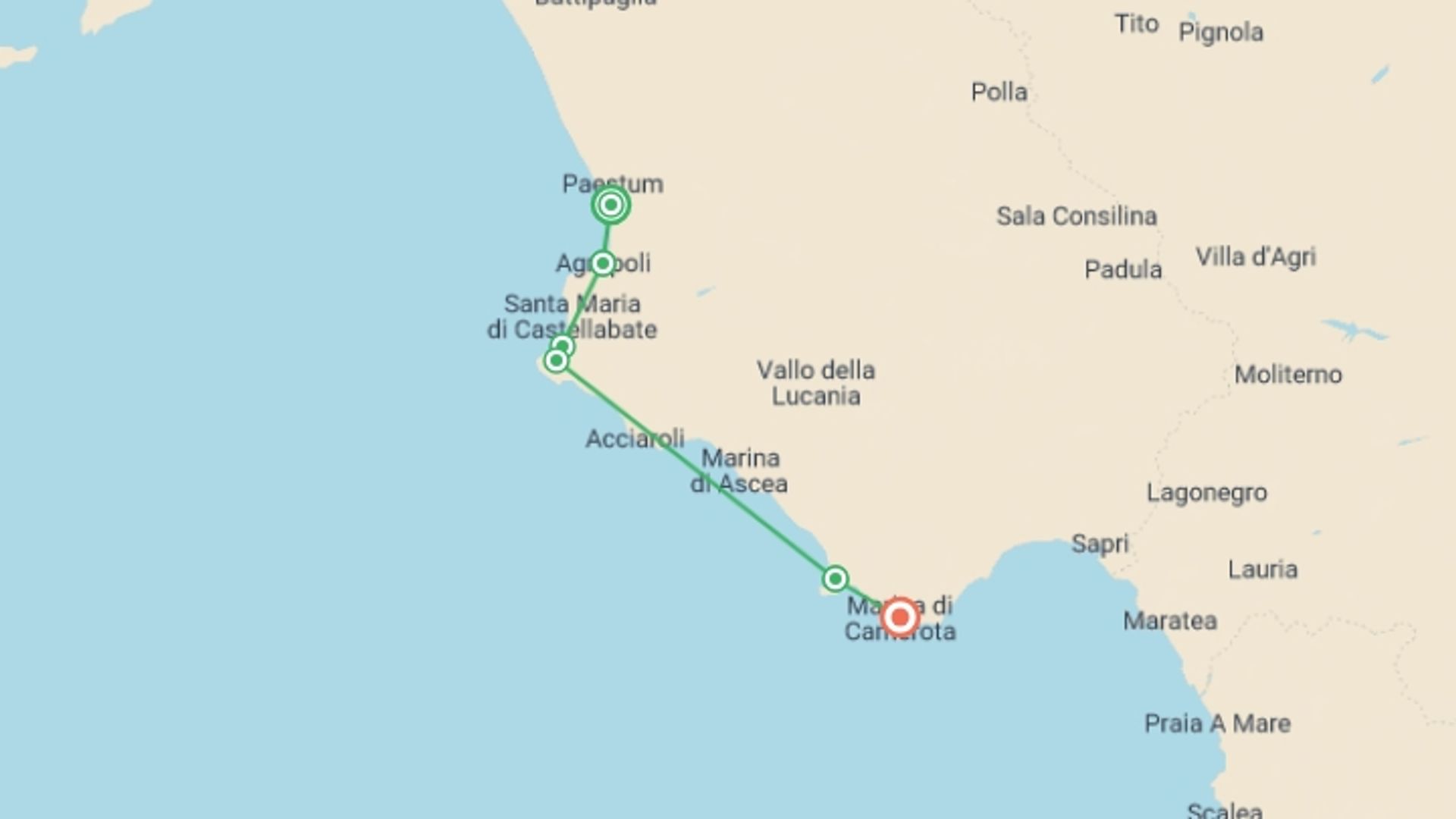 A map showing the tour itinerary for the trip: Coastal Cilento Walk, starting in Paestum, Italy and ending in Marina Di Camerota, Italy going through 4 other destinations.