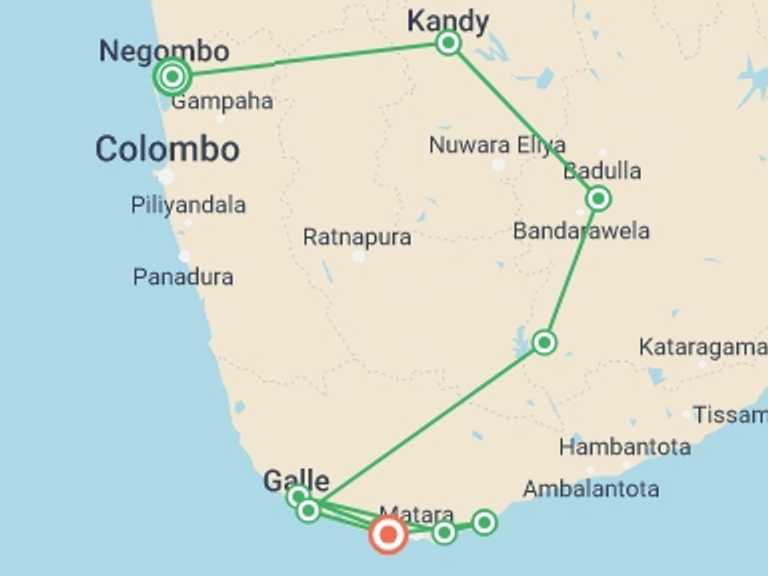 Map of a Farm and plantation visits Tour with 10 destination visits for the trip: Sri Lanka Land & Sea