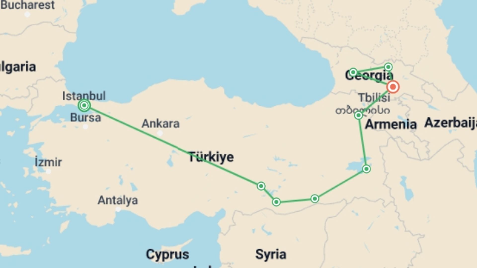A map showing the tour itinerary for the trip: Eastern Turkey & Georgia Discovery, starting in Istanbul, Turkey and ending in Tbilisi, Georgia going through 7 other destinations.