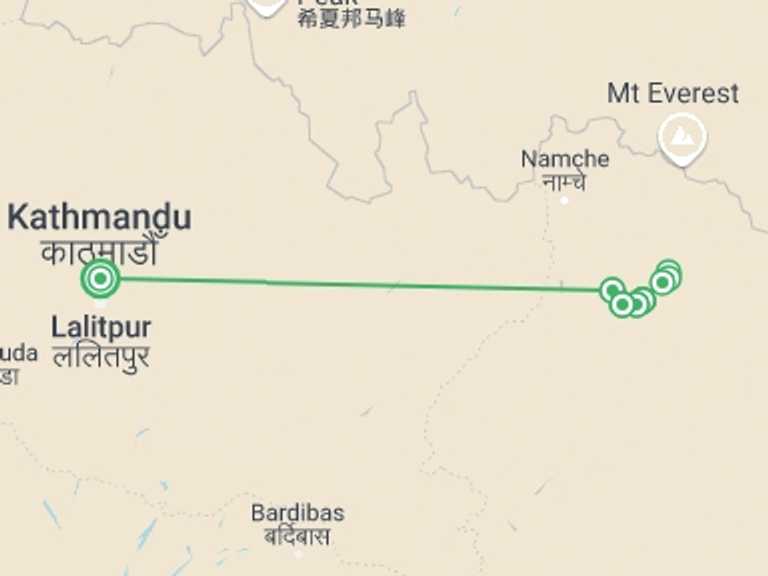 Map itinerary of Nepal Tour in Winter with 8 destination visits for the trip: Mera Peak Climb