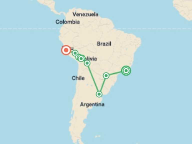 Map itinerary of Puno Tour in May 2026 with 9 destination visits for the trip: Highlights of South America - 21 days