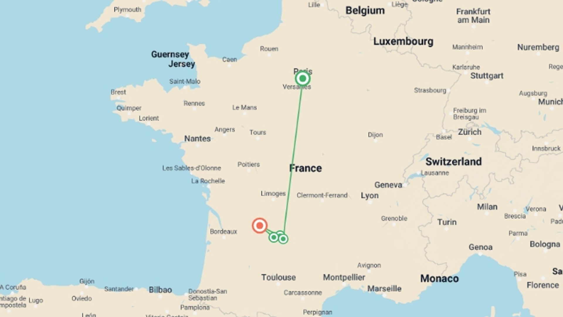 A map showing the tour itinerary for the trip: Dordogne River Walk, starting in Paris, France and ending in Dordogne, France going through 3 other destinations.