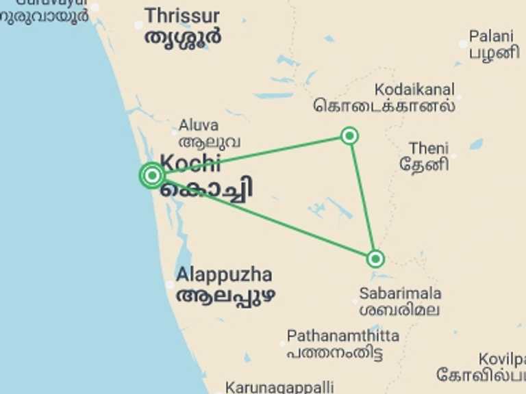 Map itinerary of Kerala & Tamil Nadu Tour in Spring with 4 destination visits for the trip: A Taste of Southern India - Temples and Tea Plantations