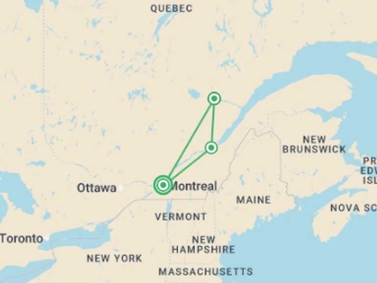 Map of 7-Day Canada Tour with 3 destination visits for the trip: Northern Quebec: Winter Lodge Escape