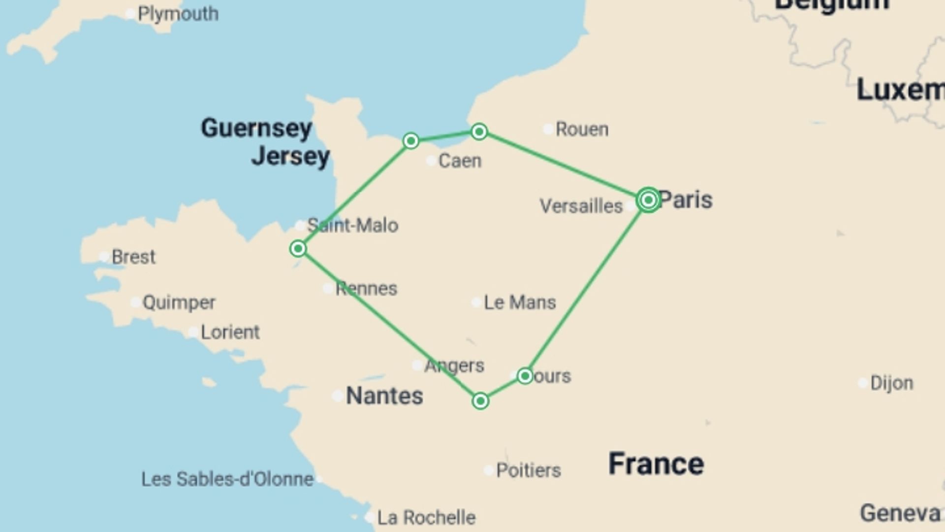 A map showing the tour itinerary for the trip: La Belle France, starting in Paris, France and ending in Paris, France going through 5 other destinations.