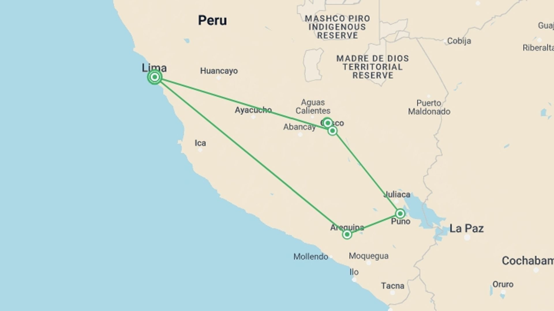 A map showing the tour itinerary for the trip: Sacred Peru, starting in Lima, Peru and ending in Lima, Peru going through 7 other destinations.