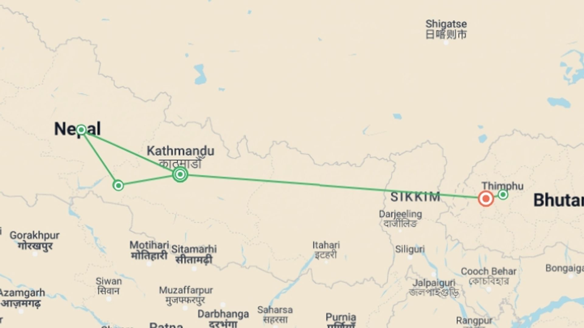 A map showing the tour itinerary for the trip: Mesmerising Nepal and Bhutan, starting in Kathmandu, Nepal and ending in Paro, Bhutan going through 4 other destinations.